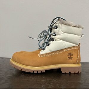 Timberland Premium Puffer Boot Faux Fur Trim Waterproof Wheat Nubuck Size 6